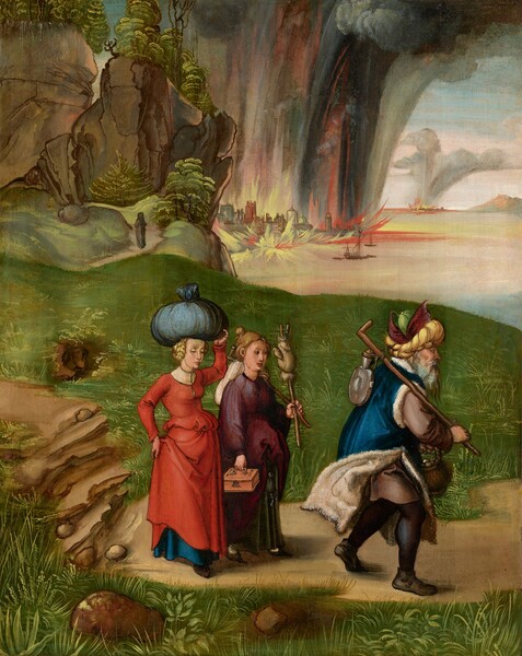 A man and two women walk on a dirt path through a verdant landscape, carrying packs, walking sticks, and other provisions, while in the distance fiery explosions spew flames and plumes of smoke sky-high in this horizontal painting. The people all have pale skin, and the women’s blond hair is bound up. Close to us and at the bottom center of the composition, the man and women walk to our right with their eyes cast down. The man walks at the front of the line, holding a stick with a canteen dangling from a cord over his right shoulder. In other left hand, he carries a basket filled with shiny silver disks. The man has wrinkled skin and a long gray beard. He wears a royal-blue coat lined with white fur over a brown tunic, black tights, and gray shoes. His head is wrapped in a turban with yellow coils beneath a purple and green split crown. The two women walk side-by-side behind the man. The woman farther from us holds two sticks in her left hand. A sack is looped over one stick that rests back across her shoulder. The other staff is vertical and is topped a skein of yarn with a spool. She holds a small saffron-orange chest with a silver handle and lock by her side with her right hand. She wears a long, voluminous, amethyst-purple dress bunched up in front to show a forest-green skirt underneath and three silver keys hanging at her knees. The second woman balances a lapis-blue, bulbous pack on her head with one hand. She wears a red dress with a high, white collar. She lifts the red skirt with her other hand to show a royal-blue skirt underneath. The path is lined with plants and a few rocks to each side. The land rises to steep, rocky outcroppings lined with trees. The shadowy form of a person walks away from us on the path where it winds back to the cliffs. The land dips down to a body of water in the near distance beyond the path. Lemon-yellow and crimson-red flames rise out of a town along the water’s edge in the distance. Streaks of black, rose-pink, and slate-blue smoke billow into the air. Another town burns along the horizon, which comes two-thirds of the way up the composition. The artist signed the work with his initials as if he had painted a rock face next to the path to our left, “AD” in a monogram.
