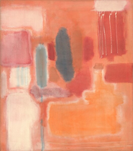 Geometric forms, mostly rectangles with blurred edges, in tones of ivory and muted orange, red, and blue fit loosely together in this vertical abstract painting. The paint is blended and the forms have soft, blurred edges. Near the center, two vertical, narrow rectangles are painted in slate and ocean blue. A streak of the slate blue continues in a broken line down to the bottom edge of the canvas. Along the left edge of the canvas, several shapes are stacked, starting at the top with a pale shell-pink, horizontal rectangle above a rose-pink square. Then there is an ivory-white square and a vertical, ivory rectangle that continues off the bottom edge of the canvas. In the lower right quadrant, the largest form is a marigold-orange, horizontal rectangle with a few smudges and blocks of ruby red above it. A taller, crimson-red rectangle in the upper right is streaked with six vertical, white lines that seem to drip down from a white rectangle above. The shapes are surrounded by a pale, apricot-orange field.