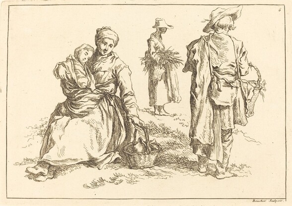 Seated Mother and Child, Two Standing Peasants