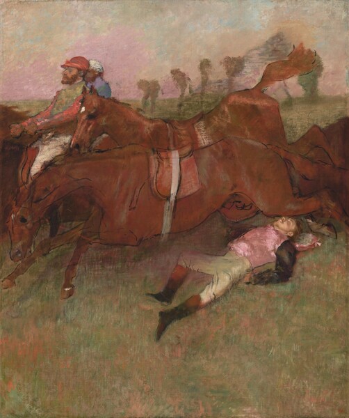 A band of several galloping horses and riders move across the center of this vertical painting. The color palette is dominated by blended earthy brown, green, and pale pink. The horses, which have reddish-brown coats and tails, nearly span the width of the painting. They move to our left with their legs fully extended. Underneath the horses’ flying legs lies the body of a man. The felled rider faces upward, his eyes closed and his legs splayed. He has a light brown beard, mustache, and hair, and pale tan skin. He wears brown riding boots with black tops, white breeches, and a pink jersey with black sleeves. His riding helmet, with a matching pink cover, lies behind his head on the ground. At least three additional horses are in the band, and the two foremost have empty saddles. The two horses beyond them, farther into the picture, have male riders, who wear riding outfits and helmets in colors of smudged and blended orange, lavender purple, and green. They also have brown mustaches and beards. The band races through a field painted with a muddy green interspersed with strokes of orange and white. The horizon line is high, just above the level of the horses’ backs, about four-fifths of the way up the painting. Blue sky peeks out amid a mixture of pale pink and yellow clouds above. There are trees in the background indicated by a few strokes and dashes of paint. The painting style is loose and brushy throughout, without sharp detail or lines, except for the sketched-in black lines that delineate the bodies and tack of the horses.