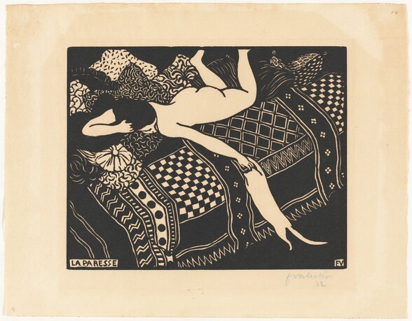 Created with black ink on cream-white paper, we look down on a nude woman who lies face down on her bed and reaches to pet a cat who stretches up against the bed in this horizontal woodcut. The woman’s knees are bent and her feet dangle in the air, and are cut off by the top edge of the composition. She turns her head to our right as she reaches out with her left hand to pet or scratch the cat’s ears. The woman's forehead, nose, and brows are outlined with a few black lines. Her other elbow is bent with that hand curled in her hair. The bed is draped with fabric covered with geometric patterns, such as checkerboards, zigzags, and diamond shapes. Throw pillows piled under her head and along the far side of her body are decorated with swirls, curves, and dashes. The cat stands on its hind legs with its back to us and its forelegs on the bed. The floor and the area around the bed is black. The words “La Paresse” appear in black letters in a white rectangle at the bottom left of the image and “FV” is inscribed in capitals in the lower right. The artist signed and dated the lower right margin below the image,” fVallotton 32.”