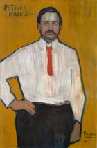 Shown from the thighs up, a light-skinned man stands facing us in front of a harvest-yellow background in this loosely painted vertical portrait. The man’s body faces us, and he looks out with dark, heavy-lidded eyes under low, angular brows. His skin is pink on his full cheeks and streaked with light green on his forehead. A wide brown moustache droops over a prominent, square chin. His short brown is neatly combed over his head. His collared, long-sleeved white shirt is painted with mostly vertical strokes. A short vivid red tie falls about halfway down his chest, and he wears dark pants. His right arm, to our left, is planted on that hip, and his other arm hangs by his side. The man’s features and his clothing are outlined with teal green. The name “PETRVS MANACH” is painted in forest-green letters in the upper left corner of the rich yellow background. The artist also signed the work in the lower right corner, “Picasso.”