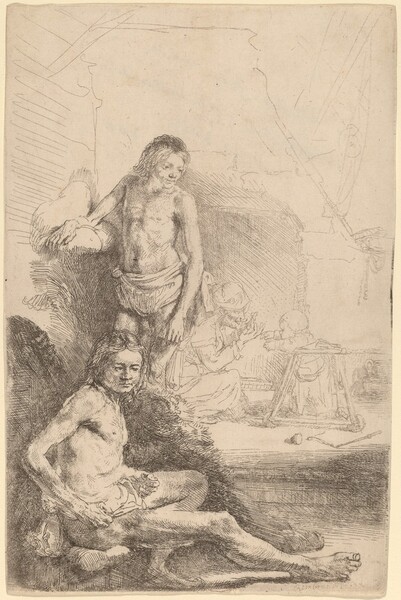 Nude Man Seated and Nude Man Standing,  with a Woman and Baby in the Background