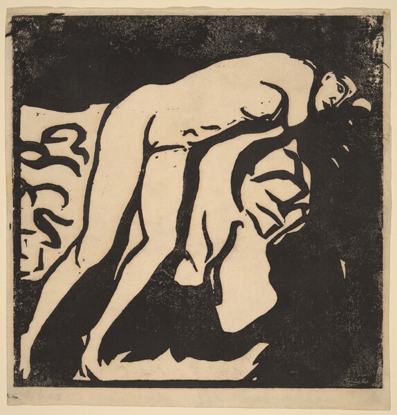Printed with thick, bold outlines and areas of flat black against cream-white paper, a nude woman bends at the waist against what could be a bed in this stylized, square woodcut print. The woman’s form is loosely outlined so details are indistinct, but she seems to rest her face on one bent forearm, braced on the surface across which she lies. Her body bends at the hips so her toes brush the floor along the bottom edge of the print. Her eye, nose, and lips are boldly outlined and she has small breasts and her groin is delineated. Curving lines in the area around her suggests fabric or a bed. The background above her and the area below her face, along the right edge of the paper, are swallowed in blackness.