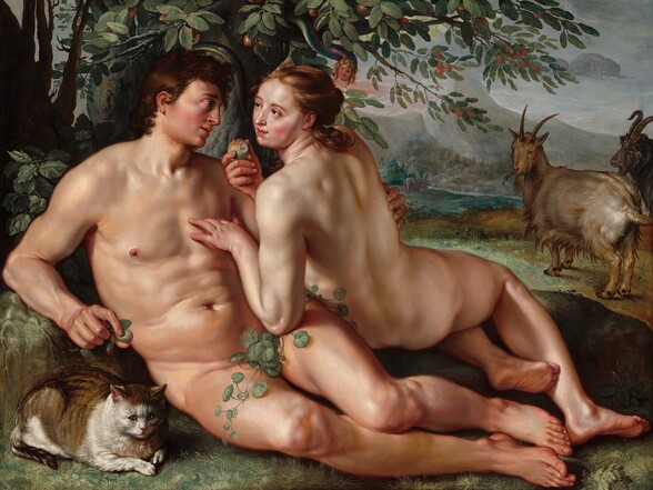 A nude man and woman, both with pale, luminous skin, recline together under an apple tree in front of a deep landscape in this horizontal painting. Their bodies entwined, Adam and Eve gaze into each other’s eyes. To our left, Adam’s muscular torso faces us as his slightly bent knees, resting along the ground, come toward us. He braces his upper body on his elbow, which rests on a low, mossy rock, and he holds a small green fruit in that hand. A sprig of rounded leaves covers his genitals. He has short, tousled, copper-brown hair, dark eyes, a straight nose, and his parted lips curl in a slight smile. A wispy, ginger-brown beard lines his jaw. He looks at Eve in profile as she leans against his chest. Her torso faces away from us, and her legs are tucked under her body, so their feet nearly touch. She lightly touches his chest with the fingertips of her left hand, and she holds up a small green and red apple in her other hand. A bite has been taken from the apple. Eve’s honey-brown hair is gathered at the back of her head, and she has dark eyes, a delicate nose, rosy, rounded cheeks, and full, coral-pink lips. In the lower left corner of the painting, a brown and white cat sits near Adam’s hip and looks out at us with gold-colored eyes. A tree rises behind the pair, along the left edge of the composition, and branches with oblong, sage-green leaves and red fruit frame the couple. Upon closer inspection, a snake winds around the trunk. The snake’s body is mustard yellow and dark teal, and it has a human face with flushed cheeks and blond hair. The snake’s face looms just above Eve’s head, and it looks at or toward us. To our right of Adam and Eve, the scene opens up onto a landscape with a grassy expanse leading back to rocky mountains in the distance. Closer to us and near the right edge of the painting, a goat with almond-colored fur stands facing away from us as it turns its head back to look at the people, munching a tuft of vegetation. The head of a black goat peeks in from the right edge, also looking toward the center of the painting. Tiny in scale, an elephant, two camels, and several other animals move through the landscape near the base of the mountain. A streak of ruby red appears in the otherwise hazy blue sky, near the snake’s head. The artist signed and dated the painting as if he had inscribed the rock on which Adam rests his elbow: “HG AE 1616,” with the HG conjoined to make a monogram.