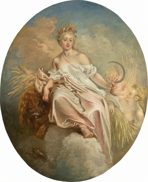 A woman wearing a white and pale pink robe and holding a sickle sits on billowing clouds flanked by a lion and two young people in this vertical, oval painting. All three people have pale skin with rosy cheeks and blond hair. At the center of the composition, the woman, Ceres, sits facing us and she looks at us with lidded, gray eyes under faint brows. She has an oval face, small, pink, bow-shaped lips, and a dimple in her chin. Golden stalks of wheat along with pale blue cornflowers and red poppies create a crown in her upswept blond hair. Her white chemise falls off her shoulders and is loosely held in place with a rose-pink band that wraps around her right shoulder, to our left, and under the opposite arm. Shimmering, shell-pink drapery falls over her legs and covers one foot. Her other bare foot rests on a cloud like a footstool. A bundle of wheat is pinned between the fabric under her right elbow, to our left, and the lion there. With a long mane, his tawny face peers around Ceres’s hip from under the wheat. His mouth is pulled wide to expose one fang, and his pink tongue curls out of the other side. An iron-gray lobster crawls up the lower left side of the clouds beneath the lion. Ceres holds the curving blade of the sickle upright in her other hand by that hip. Near the sickle, a young woman and a child are seen from the chest up, each carrying a bundle of wheat. The young woman faces Ceres and looks off to our left, and the younger child, above her, looks down. Ceres and her companions are set against an arch of pale azure-blue sky filled with tan-colored and light pink clouds.
