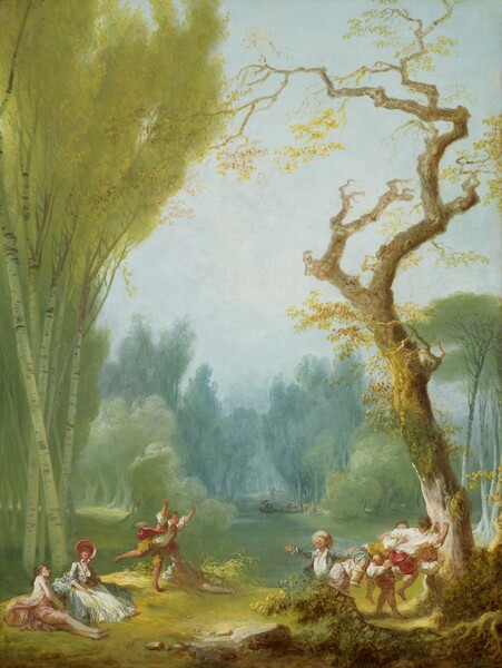 Close to us, and at the foot of a lush, tree-lined park, filtered light falls across a group of about a dozen light-skinned people lounging and frolicking along the cleared banks of a river in this vertical landscape painting. A man wearing a shell-pink jacket and pants and woman wearing a topaz-blue, full-skirted dress and rose-pink bonnet sit near each other in the lower left corner. Several younger people, probably boys given their dress, pile up in a game where one person tries to ride on the back of another, to our right. They wear rolled-up pants, open-necked shirts, and some wear straw-colored hats. Tall aspens, with smooth greenish-white trunks and soft, golden leaves, are among the trees that line this gently flowing river. A gnarled trunk twists against the cloudless blue sky above the revelers to our right. Other couples board a long, narrow boat, at the riverbank in the distance. As the river runs away from us, the tallest of the trees lining the banks almost touch at the top.