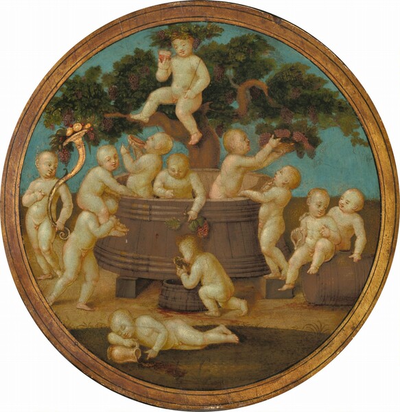 Twelve naked, pudgy, little boys gather in, over, and around a wide, open, wooden barrel set in front of a sprawling, tree-like grape vine in this round painting. The boys all have light skin and short, blond hair. The barrel is set on flat, wooden beams. The vine behind it has a twisting brown trunk and the dark green canopy is dotted with purple grapes, and it spreads to fill the rounded top of the composition. The clear sky behind the tree is turquoise blue. One boy wearing a crown of grapes and leaves perches in the tree and looks down at the others. He holds a glass with red liquid in one hand and a thin staff in the other. Of the three boys in the barrel, one drinks from a shallow bowl and another holds up a basket of grapes. The third, in the center, holds a bunch of grapes down over the front edge of the barrel. On the ground around the barrel, one boy to our left holds an elongated, gold cornucopia topped with fruit as he looks toward another child straddling the shoulders of a third. At the front center, a boy kneels and drinks from a cup near one who sleeps, stretched out on the ground, using a pitcher as a pillow. To our right, one boy looks up at the tree and the final two play together around another, smaller barrel. The circular painted panel is surrounded by a gold frame.