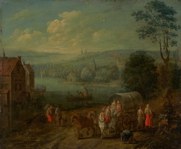 River Landscape with Villages and Travelers [verso]