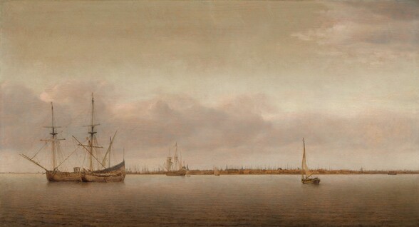 Painted in tones of beige, cream white, and pecan brown with hints of shell pink and faint blue, a few sailboats float in a calm body of water with a harbor and a town deep in the distance along the horizon, which comes about a quarter of the way up this painting. Rippling gently across the foreground, the water reflects the pale blue sky and blush pink of clouds above. To our left, two masted ships with sails furled have pulled up alongside each other. A smaller boat sails to our right and a few more are spaced sparsely along the waterway leading to the town. Painted as a dense forest of spiky masts, the harbor in the far distance is full of boats along a town that stretches nearly the width of the panel. Tiny in scale, there are a few windmills and slate-gray towers for churches, town halls, and other buildings.