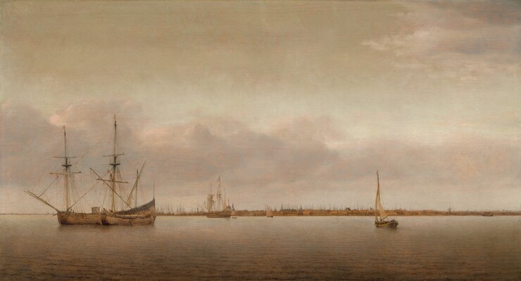 Painted in tones of beige, cream white, and pecan brown with hints of shell pink and faint blue, a few sailboats float in a calm body of water with a harbor and a town deep in the distance along the horizon, which comes about a quarter of the way up this painting. Rippling gently across the foreground, the water reflects the pale blue sky and blush pink of clouds above. To our left, two masted ships with sails furled have pulled up alongside each other. A smaller boat sails to our right and a few more are spaced sparsely along the waterway leading to the town. Painted as a dense forest of spiky masts, the harbor in the far distance is full of boats along a town that stretches nearly the width of the panel. Tiny in scale, there are a few windmills and slate-gray towers for churches, town halls, and other buildings.