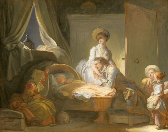 Two women, a man, and three small children gather around a baby sleeping in a wicker cradle near an open window in this horizontal painting. The people all have pale skin with rosy cheeks. The cradle is just to left of center of the composition. It has a half canopy to shade the baby, and it sits on rockers. The baby sleeps with chubby arms over the covers tucked around the body. A woman sits on a low chest next to and on our side of the crib, near the lower left corner of the canvas. She has a prominent nose and jutting chin. She wears an oatmeal-brown bonnet and apron, and a muted red dress. She holds a staff with fabric or a spindle at the top tucked in one elbow, and the other hand rests on the canopy. A white cat lies like a loaf next to her feet. On the far side of the crib, a clean-shaven man kneels on a low platform covered by a pillow at the foot of the cradle and leans into the arms of a standing young woman. The man has a pointed nose and rounded chin, and he looks with heavy-lidded eyes at the baby. His long gray hair is tied at the nape of his neck, and he wears an ice-blue and tan long-tailed coat, breeches, and stockings. He rests one cheek against the arm of the woman who stands at his far shoulder. Her body faces the man, and she rests her other hand on his shoulder as she turns to look at the baby. A round, broad-brimmed hat casts a shadow over her delicate nose and round cheeks, and she wears a white dress with elbow-length sleeves and a full skirt. Three children stand behind the man’s feet and along the right edge of the canvas. The child closest to us has carrot-orange hair tied in a bun with a blue ribbon. She wears a white, puffy-sleeved shirt, and a parchment-white apron bunched over a pale pink skirt. She faces our left in profile, looking at the man, and holds one end of a ball of yarn that has rolled away from her. The boy behind her stands with his body facing us as he looks up and to our left. He wears a yellow jacket and a broad-brimmed hat pushed back on his head. Only the forehead and eyes of an even smaller child standing behind this pair are visible. Voluminous curtains part to either side of a window at the head of the cradle, near the upper left corner of the composition. An unlit lantern sits on the sill, and the sky beyond is dusk-blue. Bright light shines into the room, especially onto the man and woman and three children. A piece of furniture, perhaps a wardrobe, is on the far wall behind the woman, and the door to the room is open behind the children.