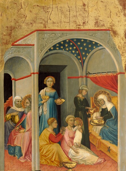 Under an arched structure, five women gather around a baby as two men sit outside the room in this vertical painting. All the people have pale skin with a faint greenish cast. The women have blond hair and the men have gray hair. To our right, a ruby-red curtain has been drawn back along the long side of a bed, and a woman there reclines propped on one elbow, facing into the room. She wears a white veil that covers her hair, neck, and shoulders and a sky-blue robe edged with gold over a navy-blue dress. Her head is encircled with a gold halo, and she looks down toward the baby at the center of the painting. Her wrists are crossed over a gold bowl, and an attendant standing next to the bed pours water from a gold pitcher over her hands. The attendant wears a forest-green dress and a white cloth is wrapped over her head. A pair of women sitting on the floor near the bed hold the infant, who has a gold halo around short, blond hair. Wrapped in a white cloth, the baby stands on the lap of one woman, who wears a rose-pink dress and a white cloth wrapped around her hair. The second woman in this pair, to our left, wears a golden yellow robe over a scarlet-red dress, and her braided hair is wound around her head. She holds both hands up in front of the baby, who looks at her, facing our left in profile. A gold bowl with a flaring foot sits on the floor in front of this trio. Coming through a darkened doorway behind them, a fifth woman wearing a topaz-blue dress enters carrying a gold dish. To our left, the two bearded men sit with their backs to the gray, stone wall enclosing the room with the women. The man closer to us has a long gray beard, and his wavy hair is surrounded by a gold halo. He looks to our left in profile and wears a rose-pink robe edged with gold, over a light blue garment. The second man angles his body toward his neighbor and gestures with one raised finger. The second man has a trimmed, gray beard and he wears a slate-blue robe over a butter-yellow garment. The structure enclosing the scene is made up of several arched openings that do not quite fit together to create a cohesive room. The upper, outer corners of the building are missing, as if in ruin. The background above is shiny gold that has been worn away in some areas to show the red layer underneath.