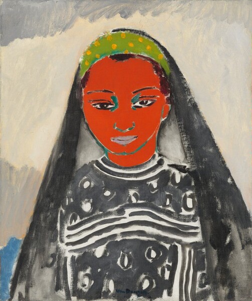 Shown from the waist up, a woman with a crimson-red face, dark brown eyes, and a black and white garment faces and looks out at us in this stylized, vertical portrait painting. Her face is painted as a flat field of vibrant red outlined with teal green. Her features are outlined in black, and her closed lips are light gray. Her hair is pulled back under a black head covering that falls over her shoulders. The headdress seems to be layered with a headband with bright yellow polka dots against spring green. Her dress is painted with thick, charcoal-gray lines and circles against a white background. The brushstrokes are visible throughout, especially on the garment. In the background behind her, a field of ivory white is contained within bands of steel gray above, along the top edge of the canvas, and below, behind her shoulders. Beyond her body, in the lower left corner, is a patch of sky blue.