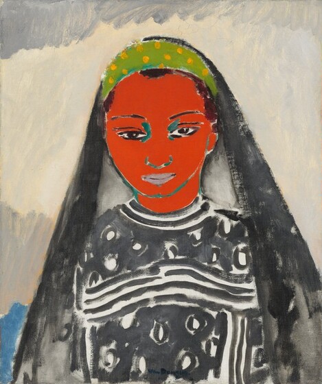 Shown from the waist up, a woman with a crimson-red face, dark brown eyes, and a black and white garment faces and looks out at us in this stylized, vertical portrait painting. Her face is painted as a flat field of vibrant red outlined with teal green. Her features are outlined in black, and her closed lips are light gray. Her hair is pulled back under a black head covering that falls over her shoulders. The headdress seems to be layered with a headband with bright yellow polka dots against spring green. Her dress is painted with thick, charcoal-gray lines and circles against a white background. The brushstrokes are visible throughout and especially on the garment. In the background behind her, a field of ivory white is contained within bands of steel gray above, along the top edge of the canvas, and below, behind her shoulders. Beyond her body, in the lower left corner is a patch of sky blue.