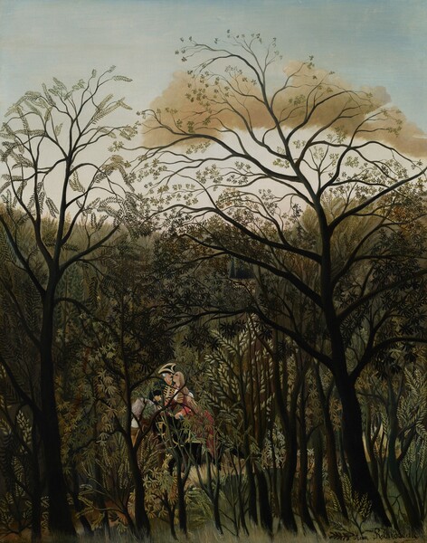 Beyond a dense screen of stylized, dark brown tree trunks, bending branches, and sage and moss-green leaves, a man and woman ride side-by-side on horseback and embrace in this vertical landscape painting. Both people have pale skin. Closest to us, two spindly trees almost reach the top edge of the canvas, their stylized leaves silhouetted against the sky. Trees and bushes with laurel and dark green leaves create a band across the foreground. Near the bottom center of the composition, the woman is closer to us but she turns her face to touch noses with the man riding next to her. Long, straight blond hair flows to her waist. She has pronounced, dark eyes under heavy brows, and a large nose. She wears a burgundy-red jacket with horizontal, gold stripes across the chest. A white shirt beneath shows through where the jacket gapes open at the chest and at her cuffs. She holds the reins of her black horse in her left hand. The man turns his torso toward the woman and wraps his left arm, to our right, around the woman’s shoulders. He looks at her with black eyes under dark brows. He has a black, handlebar mustache and white hair. He wears a black and gold three-corner hat and a navy-blue jacket with gold braid in front and around the neck. His horse is brown with a silvery-white mane. Behind the people, the forest comes about two-thirds of the way up the composition. One tan-brown cloud hangs in the sky that lightens from seafoam green along the top edge to oyster white along the horizon. The artist signed the painting in the lower right: “Henri Rousseau.”
