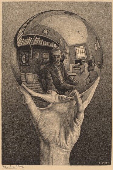 In tones of gray and black against cream-colored paper, this vertical print shows a hand holding up a metallic sphere, which reflects the hand and body of the bearded man holding it, as well as the room behind the man. The background behind the hand and orb lightens from black along the bottom edge to light gray across the top. Wrinkles cross the wrist and the lines of the hand are clearly visible. In the reflection, which curves along the contour of the mirrored ball, the man’s hair is brushed back from his high forehead, and he looks at or toward us with large eyes. His thick mustache and beard are neatly trimmed. He wears a suit with a vest over a tie and button-down shirt. His left fist rests on his left thigh, and he holds up the orb with his other hand. In the room behind him, to our right, an alcove with windows on two sides has two upholstered armchairs, a few side tables, and a lamp sitting on a sideboard. The man sits in a chair with wooden arms, next to a form that could be a reclining couch with a pillow. A shelf hangs on the wall behind the man, and pictures hang above and below the single row of books. The print has a grainy, speckled look, as if drawn with charcoal on textured paper. The print is signed in the lower left corner, under the printed image: “MC Escher no 13/30.” In the lower right corner, a number, “1-35” and the conjoined block letters “MCE” appear in white against the dark background.