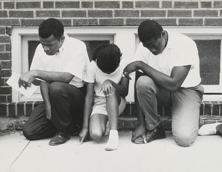 Danny Lyon, John Lewis and Colleagues, Prayer Demonstration at a Segregated Swimming Pool, Cairo, Illinois, 1962, printed 1969