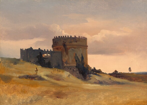 The ruins of a crenellated, round, stone tower sitting on gently sloping hills are silhouetted against a pale peach-colored sky in this horizontal landscape painting. Two deep green cypress trees lean against the mottled golden brown and rust-colored walls of the tower. To our left of the tower and slightly overlapping it, a high, charcoal-gray wall is also crenelated and in ruins. The land drops gently to the lower right corner. The low grasses in the field are straw and mustard yellow, with occasional patches of moss green. A person, loosely painted, stands on a low rise facing away from us, holding a tall staff, close to the tower. Several touches of tawny brown beyond suggest sheep grazing in the meadow. Silver, rose-pink, and cream-white clouds sweep across the sky high above the ruins. The scene is loosely painted with visible brushstrokes, especially in the hills and tower.