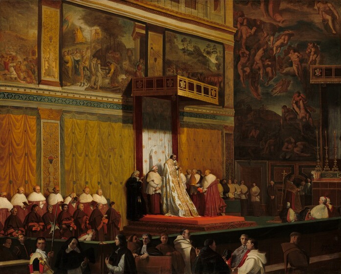 Small in scale within a towering room, a man wearing a white and gold robe sits or stands on a high, covered throne, surrounded by dozens of men in this nearly square painting. All the people appear to have light skin, and many wear religious robes or habits in crimson red, ink black, or parchment white. The walls of the room are mostly filled with paintings of people in landscapes or, on the wall to our right, are shown nude, floating in groups against a blue background. The lowest register on the wall to our left, to either side of the throne, is draped with hanging honey-brown or muted apricot-peach curtains, or is painted to appear that way. The throne’s canopy, like an awning, hovers two stories over the people gathered beneath it. It is scarlet red and decorated with thick gold bands and coats of arms. A white cloth with gold, floral designs hangs down the back of the canopy to the throne itself. The man on the throne wears a low, white cap over dark hair. He holds his hands together at his chest, just below a wide, jeweled brooch that holds the wide, gold panels of his robe together at his throat. The long robe sweeps down, over the step in front of him. Men in clerical robes, some with books and one holding a triangular hat, gather around the throne on a raised platform. To either side of the platform, rows of men stand, some also looking down at books. Closest to us, about a dozen people, including at least one female nun, are seen from the waist up along the bottom edge of the composition, standing outside the barrier enclosing the ranks. More people stand at an altar, the edge of which is visible along the right side of the canvas. The artist signed the painting in the lower right corner, “Ingres 1810 ROM.”