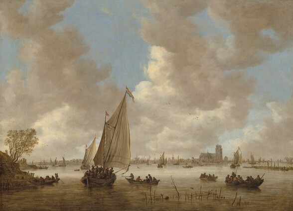 More than two dozen rowboats and sailboats bustle around a waterway in this horizontal landscape painting. Beige-colored water gently ripples across the bottom of the composition and extends into the deep distance, where buildings, windmills, and a church line the low horizon. Clouds with warm white tops and cool gray bottoms tower across a pale blue sky, which takes up the top three-quarters of the composition. A few reeds poke out of the water close to us, near the lower right corner of the painting. The row- and sailboats just beyond are packed with people. Two flags fly from the masts of the largest ship, which is to our left of center. One flag has red stripes flanking a white stripe, and the other is striped with red, white, and blue. Two rowboats have pulled up to the grassy shore of a spit of land to our left. A ladder leans against the steep hill rising from the water’s edge, and a cluster of spindly trees lean toward the water from the hillock. The people all wear clothing and hats in tones of brick red, ochre yellow, sable brown, and black. More boats move through the water back to the town and waterways to either side.