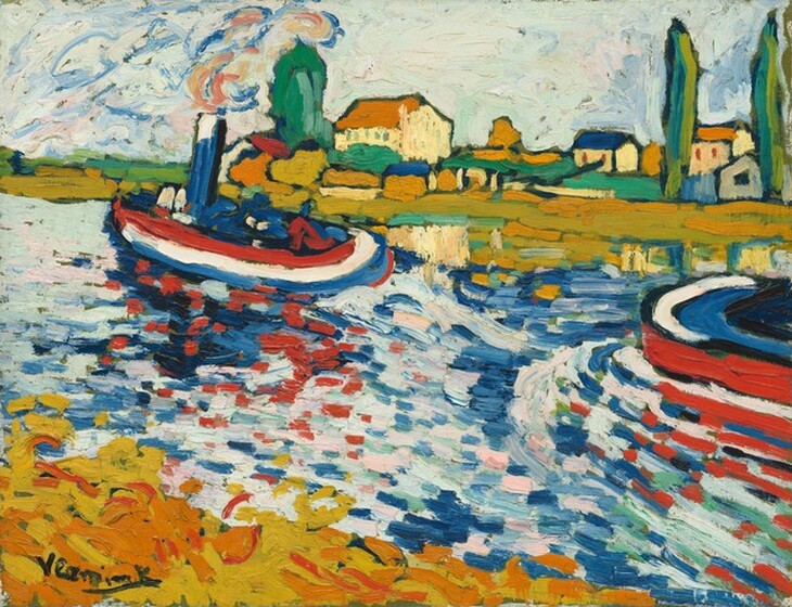 We look across a wide river with buildings lining the opposite bank as two tugboats painted with stripes and strokes of cherry red, white, and cobalt blue steam along from right to left in this stylized, horizontal landscape painting. The paint is loosely and thickly applied throughout. The water is painted with layers of short, horizontal strokes and daubs of ice and royal blue, shell pink, bottle green, and the red, white, and blue of the boats to suggest reflections. One tugboat is just left of center and passes the small village on the opposite bank. Smoke rising from that boat’s stack create eddies of cobalt blue, marigold orange, and petal pink. The bow of a second tug enters from the middle right. The riverbank directly in front of us, in the lower left corner of the composition, is painted with dashes of mustard yellow layered with horizontal strokes of burnt orange. The village on the far side fills the top third of the painting and parallels the river. Its buildings are butter yellow with blue or pumpkin-orange roofs. A few tall, narrow, emerald and avocado-green strokes suggest cypress trees growing amid the village. Horizontal strokes near the river’s edge could be another line of buildings. The building’s reflections are suggested by short, parallel strokes of golden yellow, orange, and green extending into the river. The trees, buildings, and boats are outlined in black. The sky above the village is mint green layered with thick strokes of white, and swirls of azure blue and light pink. The artist signed the painting with black letters in the lower left corner, “Vlaminck.”