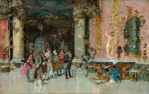 A group of eight men stand in a pink room with shiny gold furniture and fittings, with multicolored marble columns leading to a space filled with paintings and sculpture, looking at a nude woman posing with arms raised on a marble tabletop in this horizontal painting. The woman and most of the men have pale, peachy skin while a couple of the men appear to have darker olive-toned skin. The men wear tight-fitting jackets and stockings in tones of rose pink, shimmering gray, royal or powder blue, flamingo pink, caramel brown, scarlet red, black, or white. Their hair is coiffed with puffs, rolled curls, and pigtails. Many hold gold-tipped walking sticks or canes and a few hold black hats tucked under one elbow. They lean forward or back, or tip their heads together as they gaze toward the nude woman. One more man, in silver gray, leans over the large table on which she stands and seems to study her feet. The faces and clothing of the men are painted with short dashes and touches of paint, creating the impression of a rough texture. Across from this group to our right, the woman poses with her back facing us, most of her weight on her left leg so her hips angle up. She raises both arms so her left breast is outlined against the pink wall, and she looks down toward the men from over her left shoulder. A flower is tucked into her blond hair piled on her head. She has a straight nose and apple-red lips. Her skin is painted smoothly with more blended brushstrokes. A white drapery covers her feet and a pile of patterned fabric in turquoise, petal pink, black, and topaz blue, presumably clothing, is heaped on a stool next to the table, near a pair of heeled slippers. The base of the table is made from glimmering gold to look like muscular, nude men supporting the round, evergreen colored marble top on their shoulders and backs. The room has rose-pink walls above a wide band of ivory-white molding with sapphire blue and emerald green paneling below. A gold-framed mirror, half again the height of the woman, hangs on the wall behind her, to our right. Pearl-white and pale moss-green columns flank the entrance to a room beyond the men, to our left. The ceiling of that room is painted loosely with azure blue, platinum gray, and touches of tomato red. Paintings and statues line the walls. The men and furniture reflect in the shiny floor which reads as white, but is painted with strokes of pale blush, mint green, and sky blue. The painting is signed at dated by the artist in the lower right: “Fortuny ‘74.”