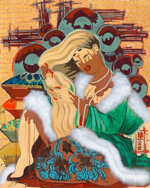 A woman sitting on a floor with her body angled to our left nearly fills this stylized, vertical painting. Her skin is light tan in some areas, as around her eyes, chest, one hand, and the leg and foot we can see, while what seems like brown paint creeps up her neck to drip upward around her cheeks and onto her forehead. The brown also drips down onto her cleavage, along one arm toward her wrist, and down the shin of her leg. Her right hand, on our left, is entirely brown. She holds her long hair up over her head with her brown hand in front of her face, looking at it with blue eyes and touching it with the other hand. Her hair is blond with dark roots at her scalp, created with long, parallel brushstrokes. Her long nails and curling lips are scarlet red. She wears an emerald-green robe trimmed with white fur and a long strand of pearls that drape over her left arm, closer to us. She sits on a cushion decorated with brown koi fish and stylized blue waves of water, but the exact arrangement of her legs is unclear. A stack of patterned pillows is piled behind her to our left, and comes up to her shoulder. Red circular forms behind her head are painted slate blue with deep brown shadows and red highlights. The words “BACK AND FORTH” are repeated in rows, written in capital yellow letters edged with red, filling the background. Two Japanese characters are painted in red near the lower right corner.