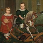 Two children with pale, peachy skin stand and sit on a rocking horse in a wallpapered interior in this square painting. Both children have short, honey-brown hair, high foreheads, dark blue eyes, and small, rounded noses. Their cheeks are smooth and the corners of their thin, pale pink lips curl slightly up. Both wear dresses with puffy, elbow-length sleeves, white collars, calf-length skirts, and wide, white pantaloons over white stockings. At the center of the composition, one child sits astride the rocking horse, which faces our right in profile. The skirt of the forest-green dress splits at the waist to fall open on either side of a white garment underneath. That child’s head turns back over one shoulder to look down and to our left. One black shoe rests in a stirrup, and the child holds a riding crop in one hand. The horse is dappled with fawn brown and white, and has a parchment-brown mane and tail. The horse’s eye we can see is black and its red mouth is open around the bridle and reins. The second child stands at the back of the rocking horse, hands resting on the crossbar that connects the toy's long, curving rockers. That child wears a crimson-red dress and holds the red ribbon of a straw bonnet in one hand. The hair is parted down the middle and that child looks at us. A black cap with a curved, shiny visor and tassels hanging from the crown rests on the base of the rocking horse. The rug has a stylized, terracotta-orange floral pattern against a pine-green background. The wall behind the children is striped with wide bands of golden yellow and moss green. A door with a gold-colored doorknob is swung inward to our left, behind the child in red, to reveal the profile of a staircase beyond. To our right, just behind the horse’s head, a wooden table is draped with a cloth patterned with vines and leaves in dark green against a pea-green background. A lamp with a tall, spindly brass base is topped with a squat, round white globe. A folded newspaper behind the child in green could rest on the table, or could be held by that child. An inscription on the masthead of the paper begins, “Dai.”