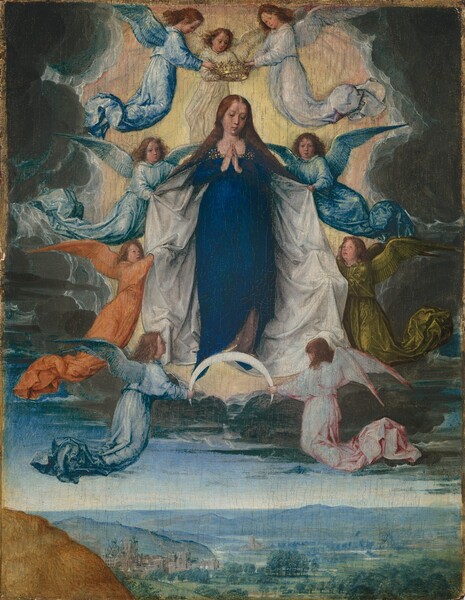 A woman wearing a long, royal-blue dress is surrounded by nine winged angels as she floats on a thin, bright white, downward-pointing crescent moon above a deep landscape with a town tucked into rolling hills in this vertical painting. The woman, Mary, and all the angels have pale, peachy skin and long, brown hair. Mary and the angels float against a pale, butter-yellow and pale peach field of light enclosed within a mass of steel-gray clouds. She presses her fingertips together in front of her chest and gazes down and to our right, her dark eyes almost closed. She has a delicate, straight nose, and her small mouth is closed. Her brown hair parts in the middle and flows down over her shoulders. The angels wear flowing gowns in sky or topaz blue, olive green, tangerine orange, white, or light pink, each with matching wings. Three angels place a gold crown on Mary