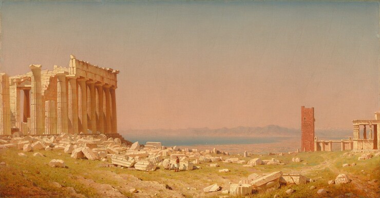 A view across a wide, brightly lit field scattered with broken pieces of stone is framed to the left and right by crumbling stone temples in this horizontal painting. The sunlight is infused with a soft pink glow, which warms the cream-white stone with a pale blush. The temple on our left sits on a low rise, and a row of at least nine columns topped with an entablature faces our right. Several of the columns are broken off, and part of the entablature and the entire roof is missing, from what we can see. Fragments of pediments and wheel-like sections of columns tumble down from its front steps and back along its side, cascading into and across most of the field before us. The rocky terrain is carpeted in celery-green growth speckled with sage green and areas of rust red in the lower left and right corners. Barely visible in the center of the field, are two men, barely taller than the fragments they inspect. One man wears an apricot-orange suit and bowler hat over blond hair. He kneels with his back to us as he writes or sketches on a piece of paper. A second man stands to his right, also with his back to us, dressed in a long pleated, white tunic with a red cap, jacket, and knee-high boots. To our right and farther back than the other temple, a brick-red tower stands next to another columned arcade. A third temple there, or perhaps another part of that building complex, has columns carved into the shape of six identical, robed women, facing our left. Beyond the ruins, the field slopes down to a peach-colored plain that ends at a wide, topaz-blue body of water with mountains in the far distance along the low horizon line. A petal-pink haze rises from the water and mountains and almost fills the blue-gray sky above. The artist has signed and dated the painting in the lower left, “S.R. Gifford 1880.”
