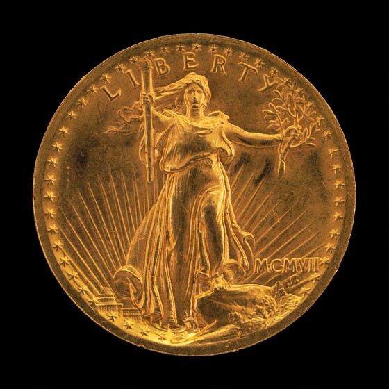 Augustus Saint-Gaudens, "Double Eagle" Twenty Dollar Gold Piece [obverse], model 1905-1907, struck 1907