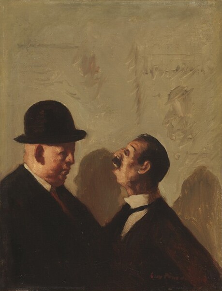 Two pale-skinned men in black dress suits are shown from the chest up against a parchment-brown wall in this stylized, vertical painting. The men face each other in profile in the lower left quadrant of the composition. To our left, a bald, portly man wears a black bowler hat, and a sliver of a white collar lines the neck of his heavy coat. The large ear we can see casts a deep shadow, and he has a sharp nose and a pronounced double chin. His lips are pressed together as he looks at the other man. His companion’s mouth is wide open and his head tipped back. He has a black brushy moustache and hair, and his thin brows are raised. Lines across his forehead and his hollow cheeks are shadowed. He wears a white shirt with a high, upturned collar and a black tie and jacket. Both men stand in front of scuffed beige wall. Some loose brushstrokes hint at posters or announcements there, though no detail can be made out. The artist signed the painting in the lower right corner, “Guy Pène du Bois.”