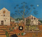 Two angular, cream-white buildings flanking a central, stylized tree are surrounded by brown soil, small animals, and farmhouse objects like watering cans and buckets beneath a clear, azure-blue sky in this square landscape painting. We look straight onto the buildings and slightly down onto the earth in front of us. About a third of the way up the composition, the horizon is lined with trees and mountains in the deep distance. The long, spindly branches of the central tree nearly reach the top edge of the painting and abstracted, sickle-shaped leaves are silhouetted against the sky so no leaves overlap. The far edge of the whitewashed structure to our left is cropped. The façade is pierced by two small rectangular windows and an arched hatch at the top under a winch. The back end of a horse is visible through an open door at the bottom center. Horizontal bands in front of the building suggest furrows in plowed earth, and a single stalk of corn grows up into the scene, seeming close to us. A pen protected by netting stretches out in front of the second structure, to our right of center. That wood-frame building has a triangular peaked roof, and the left half is open, like a lean-to. A goat, rooster, birds, and several rabbits occupy the pen. Watering cans, buckets and pails, a hoe, newspaper, lizard, and snail are spaced around the buildings. A tiny stylized person, perhaps a baby, appears in the distance between the buildings near a well where a woman works. A covered wagon, a round mill, trees, and plants fill the rest of the space between the buildings. A disk-like moon hangs in the sky to the right of the tree. The artist signed and dated the lower left corner, 