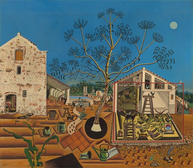 Two angular, cream colored buildings flanking a central, stylized tree are surrounded by brown soil, small animals, and farmhouse objects like watering cans and buckets beneath a clear azure blue sky in this square landscape painting. We seem to look straight onto the buildings and slightly down onto the earth in front of us. About a third of the way up the composition, the horizon is lined with trees and mountains in the deep distance. The long, spindly branches of the central tree nearly reach the top edge of the painting and abstracted, sickle shaped leaves are silhouetted against the sky so no leaves overlap.  The far edge of the whitewashed structure to our left is cropped. The façade is pierced by two small rectangular windows, an arched hatch at the top under a winch, and the back end of a horse is visible through an open door at the bottom center. Horizontal bands in front of the building suggest furrows, and a single stalk of corn grows up into the scene, seeming close to us. A pen protected by netting stretches out in front of the second structure, to the right of center. That wood-frame building has a triangular peaked roof and the left half is open, as if it were a lean-to. A goat, rooster, birds, and several rabbits occupy the pen. Watering cans, buckets and pails, a hoe, newspaper, lizard, and snail are spaced around the buildings. A tiny stylized person, perhaps a baby, appears in the distance between the buildings near a well where a woman works. A covered wagon, a round mill, trees, and plants fill the rest of the space between the buildings. A disk-like moon hangs in the sky to the right of the tree.
