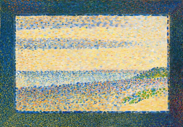 This horizontal, rectangular painting is created entirely with dots and touches of sky and royal blue, butter and sunshine yellow, and spring green. From afar, we realize it shows a sandy dune stretching before us in front of the sea beyond. Bands of blue against a yellow field above the horizon read as blue clouds against a sunny sky. The artist also painted a darker border made of dots in navy blue, army green, and a little bit of rust orange around the edge to create a painted frame.