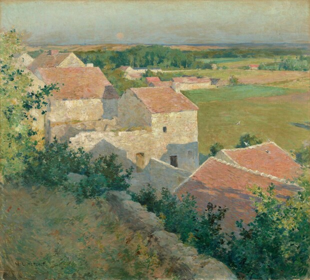 We look down at and across a sun-soaked landscape with tile-roofed, white-stucco buildings and plowed fields in this horizontal painting. Slate-blue shadows cast by trees behind us shade a triangular, grassy outcropping in the lower left corner of the painting. The front edge of the outcropping faces away from us and is lined with gray boulders, perhaps a retaining wall. The land must dip steeply down beyond the boulders, for we look down onto the canopies of the trees lining the wall and the houses tucked up against the ridge. A few white birds fly among the terracotta-red roofs below us. Green fields roll back to more structures near a tree line to our left. The horizon comes about three-quarters of the way up the composition, and a few thin clouds skim across the sliver of opal-blue sky above. A peach-colored full moon rises low on the horizon in the left center of the sky. Visible dabs of paint and brushstrokes mimic the stucco on the buildings, the texture of the leaves, and the sweeping fields. The artist signed the painting with black paint in the lower left corner: “W. L. METCALF.”