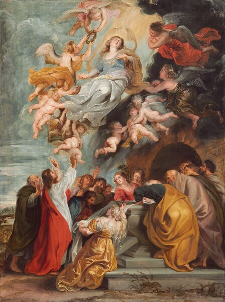 A woman, Mary, floats in the sky surrounded by eleven winged angels above fifteen men and women gathered around an open, stone coffin in this vertical painting. All the people have pale, peachy skin. Near the top center of the composition, the woman’s torso twists to our left as her knees turn to our right. She lifts her left hand, to our right, to her chest and her other arm reaches down along her body. She looks up with dark eyes, her head tipped slightly back. She has a round face, a small nose, flushed cheeks, and a heart-shaped, rose-pink mouth. Her long, golden-brown hair falls over the shoulders of her scoop-necked, powder-blue dress. A honey-brown wrap loops over one shoulder and billows up to surround her head and shoulders. A voluminous silver cloth edged with gold flows around her hips, legs, and feet. Seven of the angels gathered near Mary’s feet and legs are baby-like, pudgy children with gossamer-white or smoke-gray wings. Most of these angels are nude but the genitals of two are covered in ivory or golden yellow cloths. Four taller, so presumably older, angels float around Mary’s head and shoulders with two to each side. Two angels to our left, wearing petal pink or butterscotch yellow, hold a ring of leaves up toward her head. The angels to our right wear ruby red or bronze gold, and they look toward Mary with their arms crossed over their chests. The hair and drapery of all of the angels flutter as if in a breeze. Below this group, on the dirt earth, twelve men and three women gather around an open stone coffin set in front of an arched opening leading into a hillside. Some in the group look into the coffin, some look up, and some look toward a man standing to our left. That man has long, chestnut-brown hair and wears a red robe over a white tunic. He looks up at Mary with his head tipped back and raises both hands high, palms facing the scene in the sky. The three women are closest to the coffin, which sits on a two-stepped platform. The woman closest to us kneels on the steps wearing a golden yellow dress. Her white-blond hair has been pulled up and braided. She pulls a pale gray or white cloth from the coffin and holds what could be a small bunch of flowers or leaves in one hand. The other two women have brown hair and stand on the far side of the coffin. Some of the men have beards, and they wear robes in cardinal red, olive green, honey yellow, and tan. A sliver of landscape with water, trees, and a hill is visible in the deep distance to our left, and the sky above is filled with slate-blue clouds. A darker bank of charcoal-gray clouds sweeps around the group in the sky to our right, and bright, yellow rays emanate down from the top center. The scene is loosely painted, especially in the clothing, to create the impression of a sheen on the fabrics.