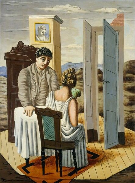 A man, woman, a small table, chair, and two fragments of walls float on an octagonal, straw-colored floor amid a landscape with bare, rolling, olive-green hills in this stylized, vertical painting. The man and woman have pale skin and are positioned on opposite sides of the table from each other. To our left, the heavily-built man stands with his right hand, to our left, planted on the white tablecloth that nearly reaches the floor. He is cleanshaven with curly black hair, a round face, and a prominent nose. His large, dark eyes are deeply set, and a few cross-hatched black lines could indicate shadows or a black eye. His rumpled suit, vest, shirt, and tie are all sand brown. He looks toward a woman seated on our side of the table, opposite him. Her body is angled away from us to our right. Her blond hair is pulled up and she wears a white, sleeveless, floor-length dress that drapes over her shoulders and down her back. Her wooden chair has a teal-blue inset panel at the back and turned legs, and it sits on a pumpkin-orange, rectangular area rug. The paneled floor seems to float in the landscape. The robin’s egg-blue door to our right, opposite the woman, opens inward in its frame, and the corner above the top right is stacked with laid bricks. A sliver of wall alongside the door frame suggests the turning of a corner in the room. To our left, behind the man, a second fragment of yellow-paneled wall stands behind the corner of a dark, mahogany dresser or cabinet carved along its back with curving, S-shaped molding. A framed picture showing the head and shoulders of a woman in tones of white and gray against a periwinkle-blue background hangs at the top of the yellow wall. The curving back of a mint-green, upholstered chair peeks out over the woman’s right shoulder. The floor is set among barren hills with a watery blue sky above. The painting is created mostly with areas of flat colors with outlines and hatched shading in black and white, like pen strokes. The artist signed the painting on the floating floor near the lower right corner, “G. de Chirico.”