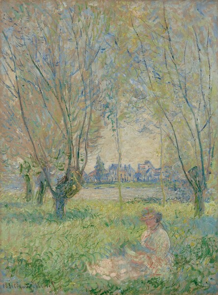 A woman sits among loosely painted, crescent-shape blades of emerald and lemon-lime green grass, under tall trees in this vertical scene. The brushstrokes are unconnected and visible, so many of the details difficult to make out. Facing our left almost in profile, the woman’s form is suggested with thick strokes of eggshell white, periwinkle blue, mint green, and deep pink. We get the impression of a light-colored dress that pools around her hips and legs, and a hat atop dark hair. Her face is painted with an area of blush peach. The blades of grass near her are layered with shamrock and moss green against lighter areas of honeydew green. The tree trunks are painted with streaks of cobalt blue and lilac purple, and long, whip-like, spindly branches reach vertically into the sky. Dashes of lavender purple and straw yellow suggest leaves in the feathery canopies. A sand-colored band running across the composition in the distance could be a path or a river, lined on the far side by loosely painted, periwinkle-blue buildings under a pale, butter-yellow sky. The artist signed and dated the work in black paint in the lower left corner, “1880 Claude Monet.”