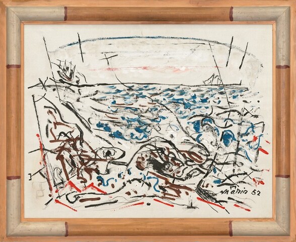 Bold strokes and fainter smudges of black, blue, red, brown, and white dance across a white ground in this painting to suggest an abstracted seascape. A long, horizontal black line three-quarters of the way up the canvas suggests the horizon line. An arched line above seems supported by diagonal lines at the left and right edge, to suggest the span of an arched bridge in the distance. Blue squiggles are mostly contained within the center of the composition to suggest water while brown lines and red marks fill the lower corners, perhaps alluding to a beach or shoreline. The artist signed the work with black letters and the date in the lower right corner: “Marin 52.” The frame has been painted white in the corners and tan on each side, with darker brown lines separating the alternating bands of white and light brown.