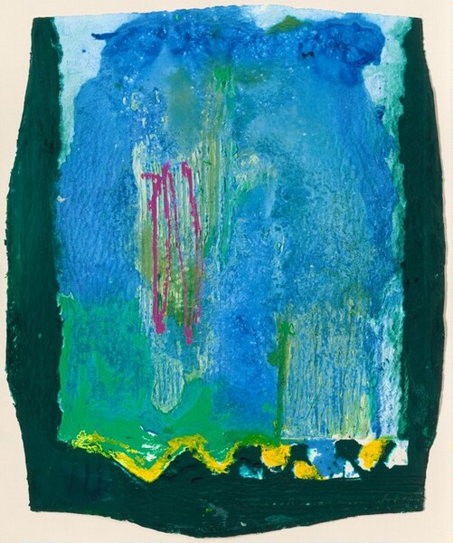 Most of this abstract, vertical, roughly rectangular composition is filled with a field of azure blue surrounded by bands of pine green on the sides and bottom. Painted on paper, the blue field is mottled to range from aquamarine to lapis blue. The paint has dripped in areas, especially along the bottom, and puddled, especially across the top. A few streaks of deep amethyst purple cover a lighter area streaked with some green to our left of center. A few other streaks of moss green appear at the center and along the bottom quarter of the composition. The upper corners of the paper are a lighter sky blue. A wavy line of canary yellow seems to contain the blue field along the left half of the bottom edge, and it blends with the blue to create a line of spring green. The dark green borders along the sides and bottom edge of the paper swell out, creating a slightly irregular shape.