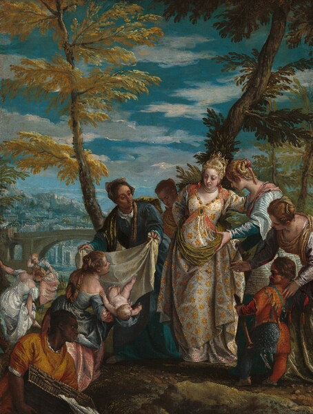 Six elegantly dressed, light-skinned women, a man with dark brown skin, and a person of short stature gather around a nude baby boy in front of a landscape with a town in the distance in this vertical painting. Attention is focused on the baby, held by a woman kneeling to our lower left, and a woman wearing a silver and gold-colored brocade dress standing near the center of the painting. Her dress is trimmed with gold and jewels, she wears a pearl necklace, and her blond hair is wrapped with pearls around a gold, jeweled tiara. She leans towards another woman with blond, pearl-adorned hair wearing a blue and white stripped dress with puffed sleeves. In front of that pair, and along the right edge of the painting, another woman with pearls in her hair bends over a person of short stature and gestures towards the baby. The person of short stature has brown hair over a high forehead and a ruddy complexion. He holds an instrument like a recorder and wears a navy blue and crimson red jester’s costume. Seen from the waist up in the lower left corner of the painting, the man with dark skin has close-cropped black hair and wears an orange garment. Looking onto the scene from the sunken riverbed, he gazes to our right in profile and holds a basket. Above him, the woman holding the baby shows it to and looks towards the woman wearing silver and gold. An older woman holds up a cloth, presumably to wrap the baby. Another person looks on over that woman’s shoulder and two women stand farther back to our left, apart from this group. Behind the main scene, a few spindly trees with feathery pine green or harvest yellow leaves extend off the top edge of the canvas. An arched bridge spans the river in the distance to the left and beyond a town is painted in blues and grays against rocky hills. Blue sky above is strewn with white clouds.