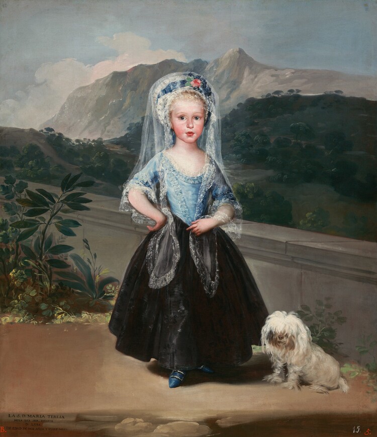 A young girl with pale skin, rosy cheeks, and blond hair stands facing us in front of a landscape with forests and mountains in this vertical portrait painting. The girl looks at us with wide, gray eyes under delicately arched eyebrows. She has a short, rounded nose, and her full, pink lips are parted. Her smooth, rounded cheeks are flushed. She wears a lace-trimmed, sky-blue, scoop-necked bodice that comes to a V at her waist, a full, ankle-length black skirt, and a white bonnet with a royal-blue ribbon, which has a pink rose at the bow. Her long, white, lacy veil, called a mantilla, drapes over the hat, over her shoulders, and to her waist. One end of the mantilla drapes over her left wrist, to our right. The other end is pinned under the back of her other hand, which rests against that hip. One cobalt-blue, pointed shoe with a silver buckle peeks out under her skirt. A small, shaggy, white-haired dog sits at her feet to our right. A low, gray stone wall behind the girl and dog angles away from us to the left. Some plants with dark green leaves grow in front of the wall to our left. Beyond the wall, pine-green, treed foothills rise to meet rocky, nickel-gray mountains under a ice-blue sky with pale, petal-pink clouds kicking up over the mountains. An inscription in all capital letters is painted in black in the lower left corner: “LA S.D. MARIA TERESA HIXA DEL SER. INFANTE D. LUIS DE EDAD DE DOS ANOS Y NUEVE MESES.” A crimson-red letter “B.” is painted to the left nearby. In the lower right corner, the number “15.” is painted in white and the number “5.” is painted in red.