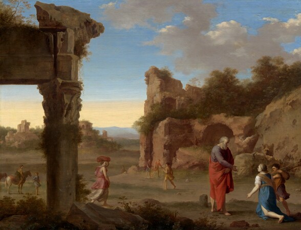 In a landscape with ruins overgrown with plants, a bearded, old man greets a kneeling young woman and boy near the lower right corner in this horizontal painting. At least seven people move through the landscape beyond, and everyone has light skin and is barefoot. In the trio to the lower right, the man stands facing our right in profile. He has a steel-gray beard and hair, a prominent nose, and his mouth is closed. He wears a thistle-purple tunic under a scarlet-red cloak. He looks down at the woman, and he holds out his right hand, closer to us, toward her. In front of him, to our right, the woman kneels facing our left with her arms spread, as she looks toward the man’s extended hand. She wears a sapphire-blue dress with white sleeves, and honey-brown fabric wraps over one shoulder and around her waist. The boy next to her holds a bundle of sticks with both arms. He has dark hair and wears a brown robe over a plum-purple tunic. The landscape around them has some scrubby green growth along the dirt ground. One column holding up a crumbling entablature rises near us, up along the left edge of the composition. Plants grow over more ruins to our right, which are nestled against a rocky hill a short distance away. In the field between the ruins, a woman wearing a rose-pink robe carries a bundle balanced on her head while other men, wearing coral red, topaz blue, or golden yellow walk, through the landscape. In the distance, there are green hills, slate-blue mountains, and more ruins. The sky is pale yellow near the horizon and changes to lapis blue above, with light gray and white clouds.