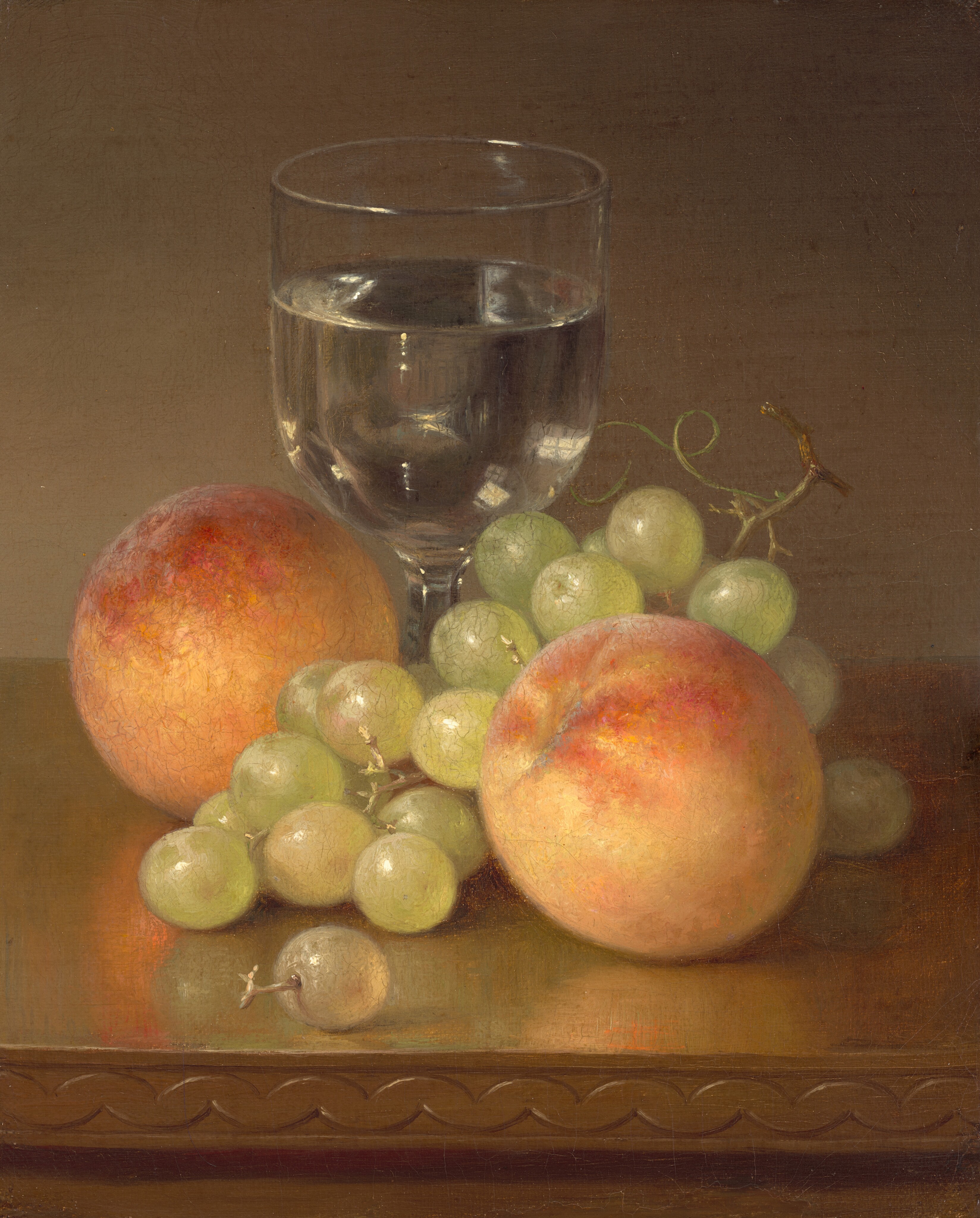 Still life with two peaches and eggplant