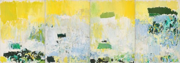 The top quarter of this horizontal abstract painting is dominated by bright, sunshine yellow over areas of sky blue, moss and forest green, and white below. The painting is made up of four vertical panels joined to make one long composition. Yellow dominates the leftmost panel over a field of pale blue marked with forest and spring green, teal, and yellow, mostly along the bottom edge of the canvas. The field of pale blue and white take up most of the space in the two center panels, with a band of yellow above and deep green marks below. In the rightmost panel, the blue field is more variegated with darker blues, shades of green, white, and yellow. Throughout, some of the colors are layered and sometimes they are applied next to each other. Thick and thin areas of paint and drips create a variety of textures on the surface of each panel. The artist signed this work in pencil in the lower right corner: “Joan Mitchell.”