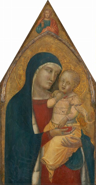 Shown from the hips up, a woman to our left holds a baby upright in her arms to our right, both against a gold background on a panel shaped to come to a sharp point at the top of this vertical painting. The pale skin of both people is faintly tinted with green. The woman’s body is angled to our right and she looks at the child she holds. She has wide, hooded, light brown eyes under faint brows, a long, straight nose, and her pale pink lips are closed. She wears a sapphire-blue mantle that covers her head and drapes down past her shoulders over a crimson-red dress. Edges of a white veil are visible long the edge of the blue robe. She holds a bunch of red cherries in her right hand by the child’s hip. The baby’s body is angled toward the woman, and he turns his head back to look over his left shoulder, off to our right. He has short, tight blond curls and pale brown eyes. Pale pink flushes his cheeks and his mouth is slightly open. He holds a bunch of three cherries close to his mouth with one hand and reaches toward the fruit the woman holds with the other. He wears a daffodil-yellow garment with a tight bodice, long sleeves, and fabric loosely draped over his legs to show the toes of one bare foot. A swath of fabric wafts from his left shoulder, to our right, like a pennant. Bands of geometric designs made with black lines decorate the cuffs, waist, and neckline of the tunic. Disk-like halos are incised into the gold background the woman and child. Above them, narrow molding affixed to the panel creates a rounded but pointed arch set under the sharp point at the top of the panel. Between the arch and the triangular tip, a man with a honey-brown beard and hair surrounded by a gold halo holds up his right hand with the index and middle fingers raised. Seen from the waist up, he wears an ultramarine-blue tunic with a rose-pink robe, and he looks off to our right. The surface of the painting is cracked and chipped, especially in the gold areas.