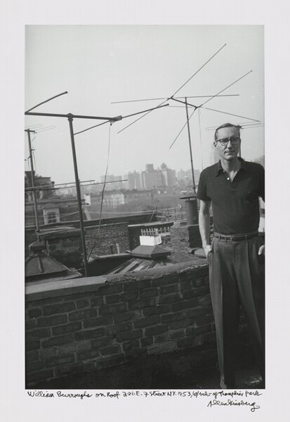 William Burroughs on roof 206 E. 7 Street N.Y. 1953, with view of Tompkins Park