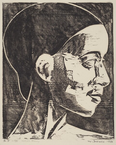 Printed with black ink against eggshell-white paper, the head and neck of a person facing our right in profile fills this vertical woodcut. The person has closely-cropped black hair, a thin neck, and high cheekbones. The eye we can see under an arched brow seems to look straight ahead, and the person has a straight nose, and the lips are closed. The texture and woodgrain of the woodblock surface is visible in the black, printed areas. The artist signed and dated the lower right corner, under the printed image, in graphite: W. DREWES 1930. A graphite inscription in the lower left reads, N. 7 1-XXX HARLEM BEAUTY.